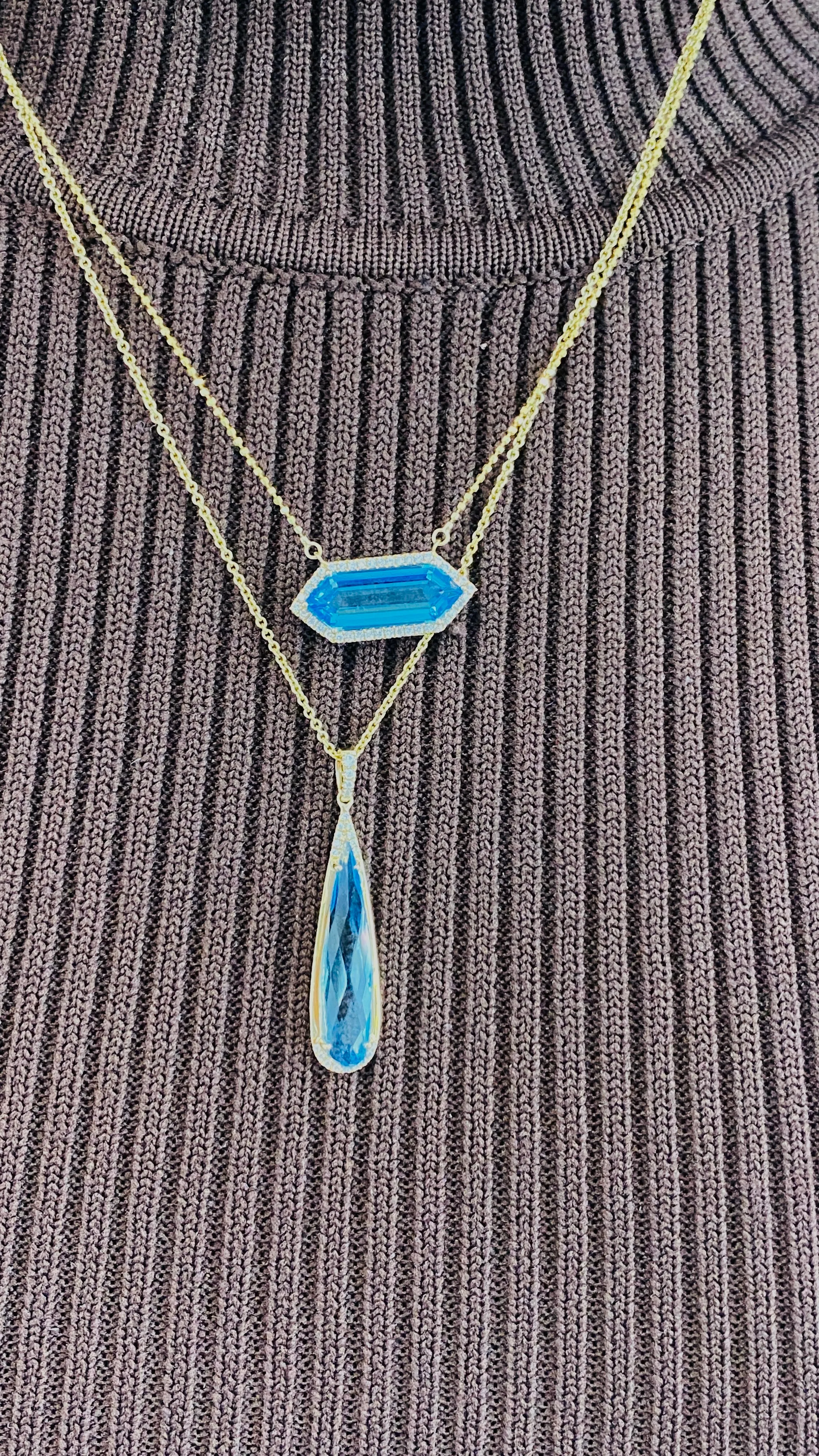 Hexagon Blue Topaz Diamond Halo Necklace