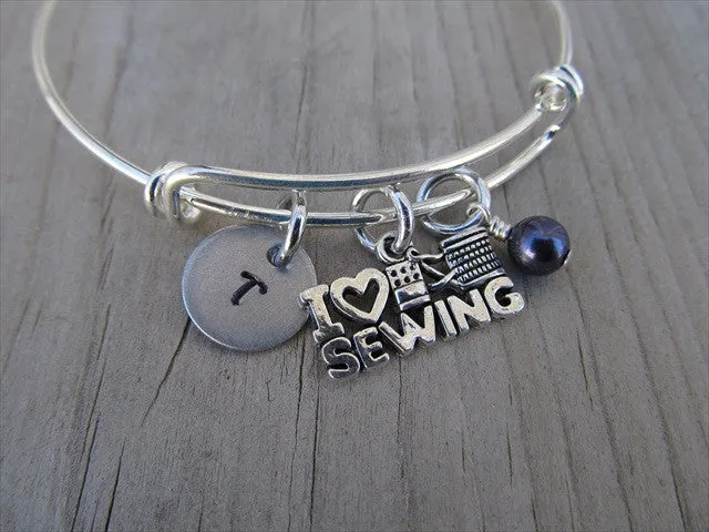 I ♥ Sewing Charm Bracelet- Adjustable Bangle Bracelet with an initial charm and accent bead of your choice