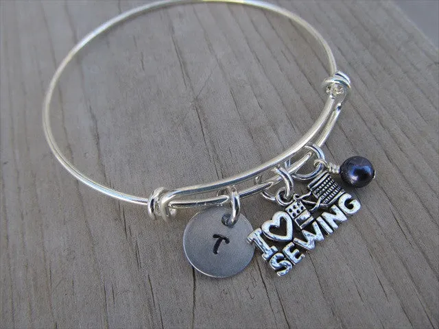 I ♥ Sewing Charm Bracelet- Adjustable Bangle Bracelet with an initial charm and accent bead of your choice
