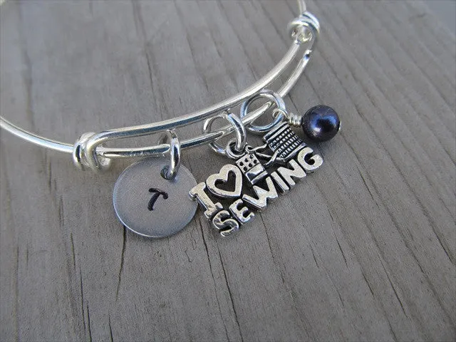 I ♥ Sewing Charm Bracelet- Adjustable Bangle Bracelet with an initial charm and accent bead of your choice