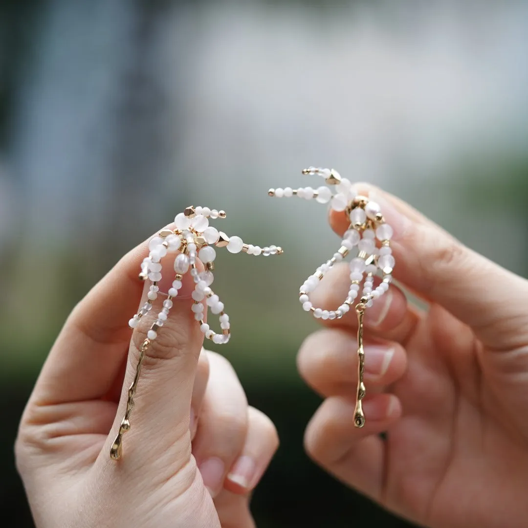 Jade Vine Jadeite White Turquoise Moonstone Saltwater Pearl Earrings