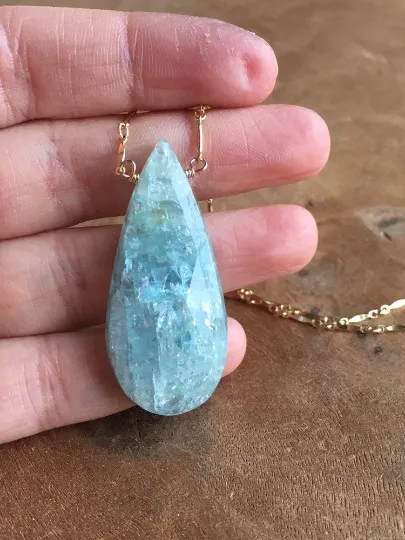 Large Statement Aquamarine Necklace Gold Fill March Birthstone