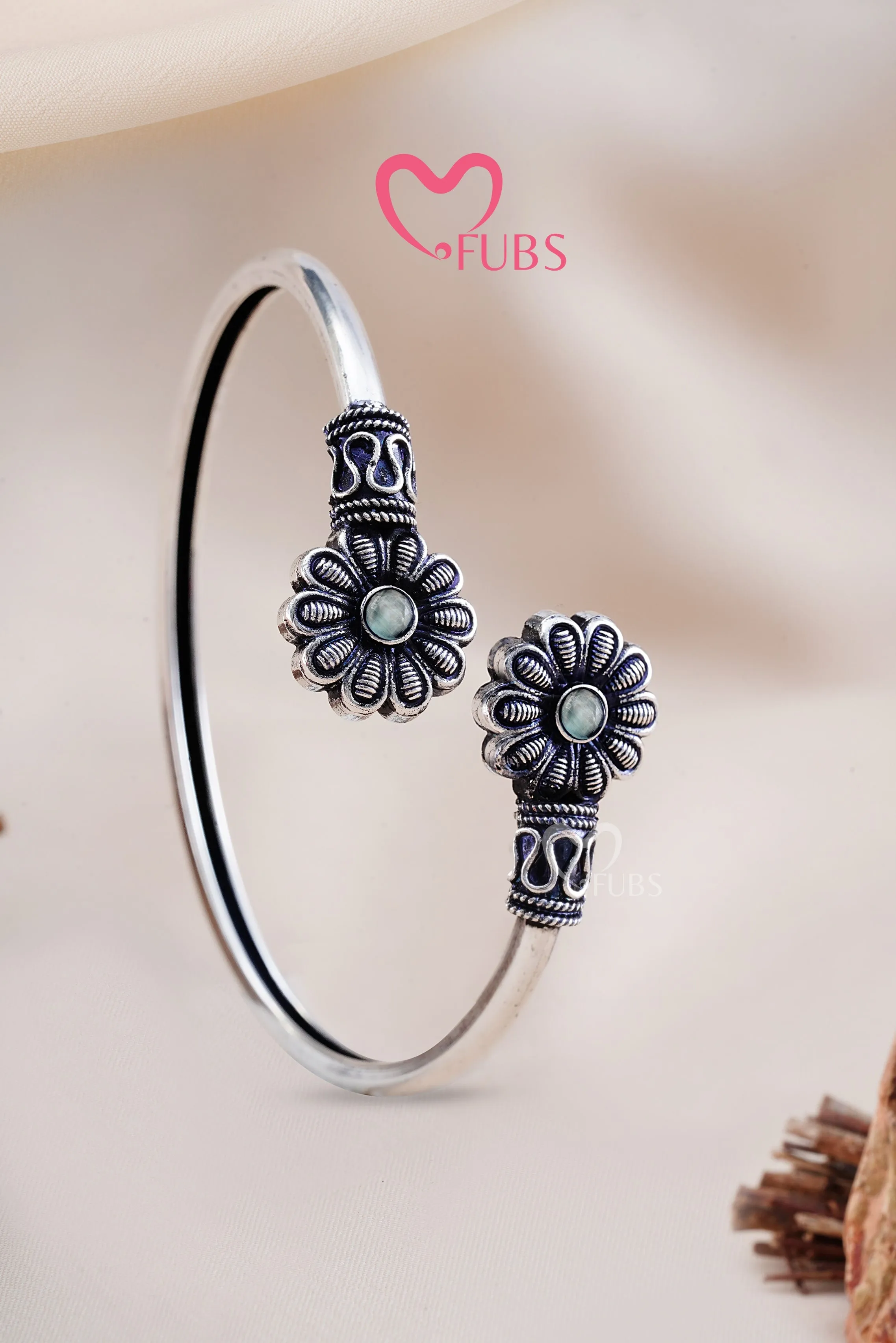 Light Green Stone Studded Oxidized Cuff Bracelet