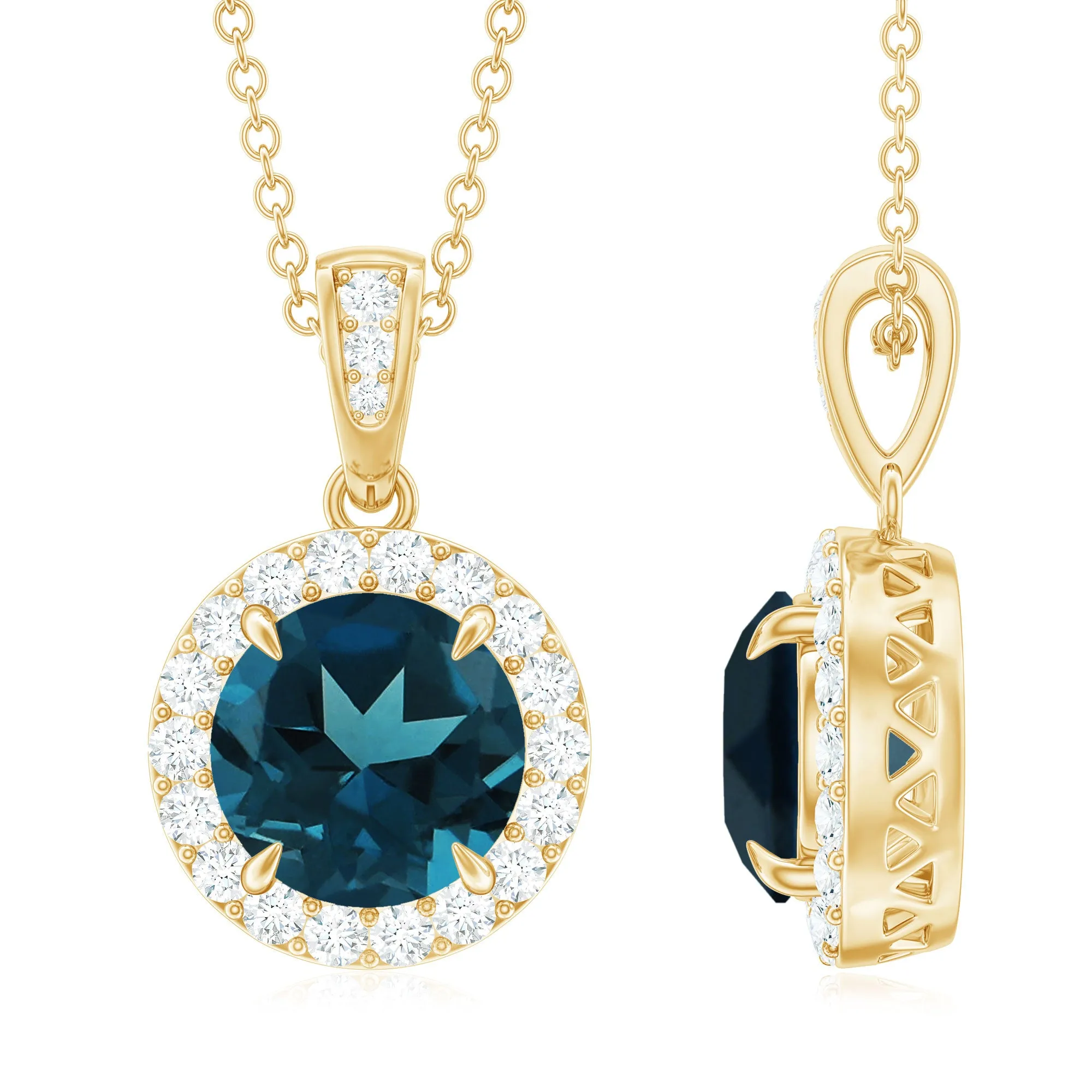 London Blue Topaz Round Halo Pendant with Diamond