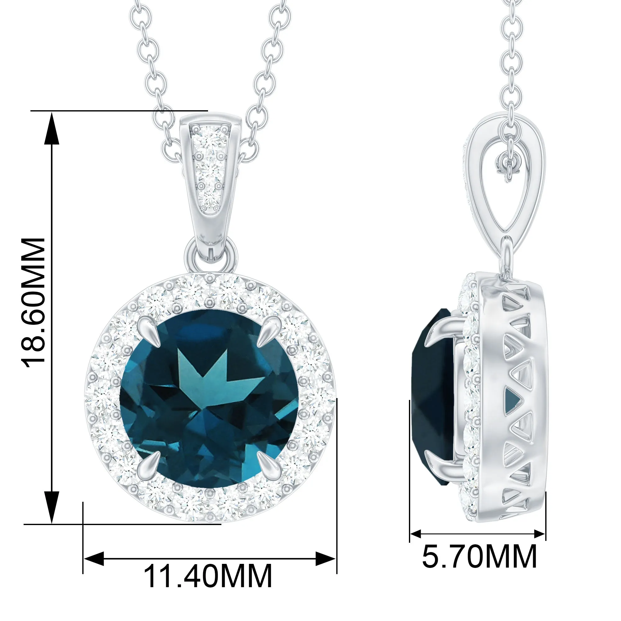 London Blue Topaz Round Halo Pendant with Diamond
