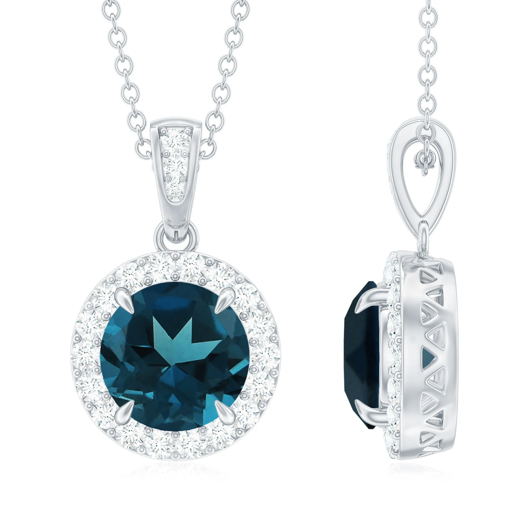 London Blue Topaz Round Halo Pendant with Diamond