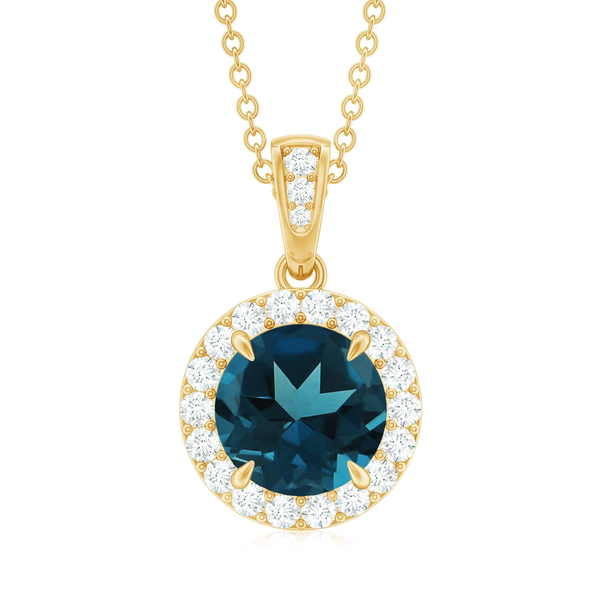 London Blue Topaz Round Halo Pendant with Diamond