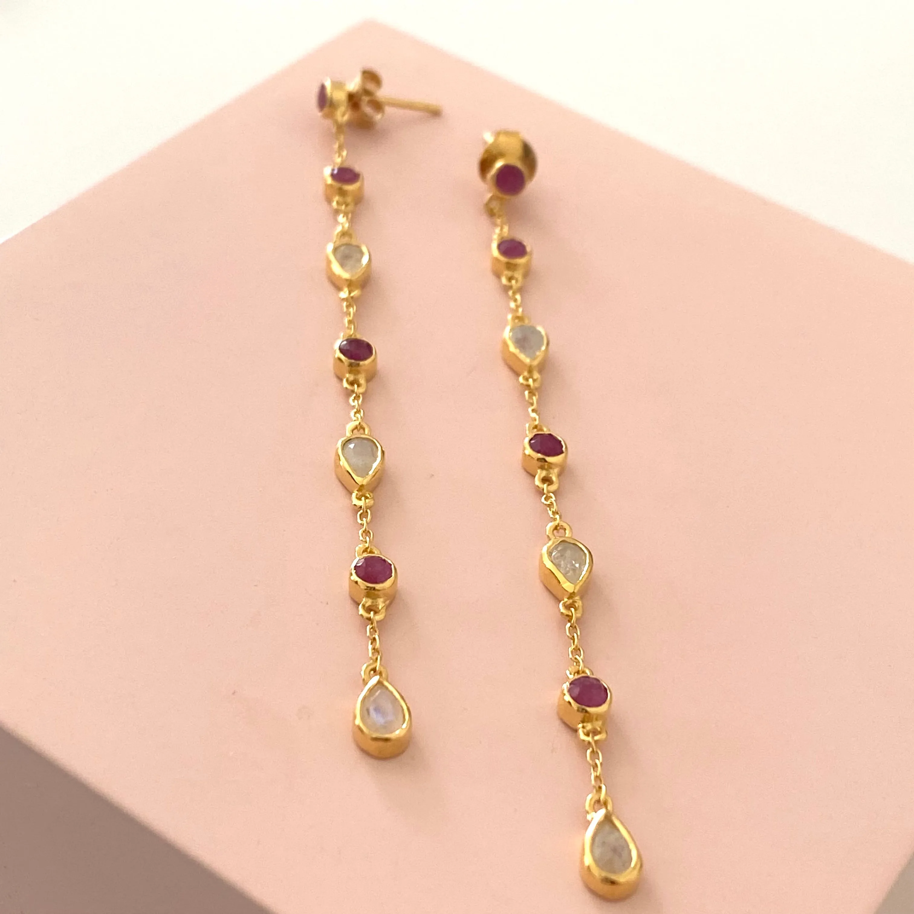 Long fine earrings with small round and teardrop gemstones - Ruby Quartz and Moonstone