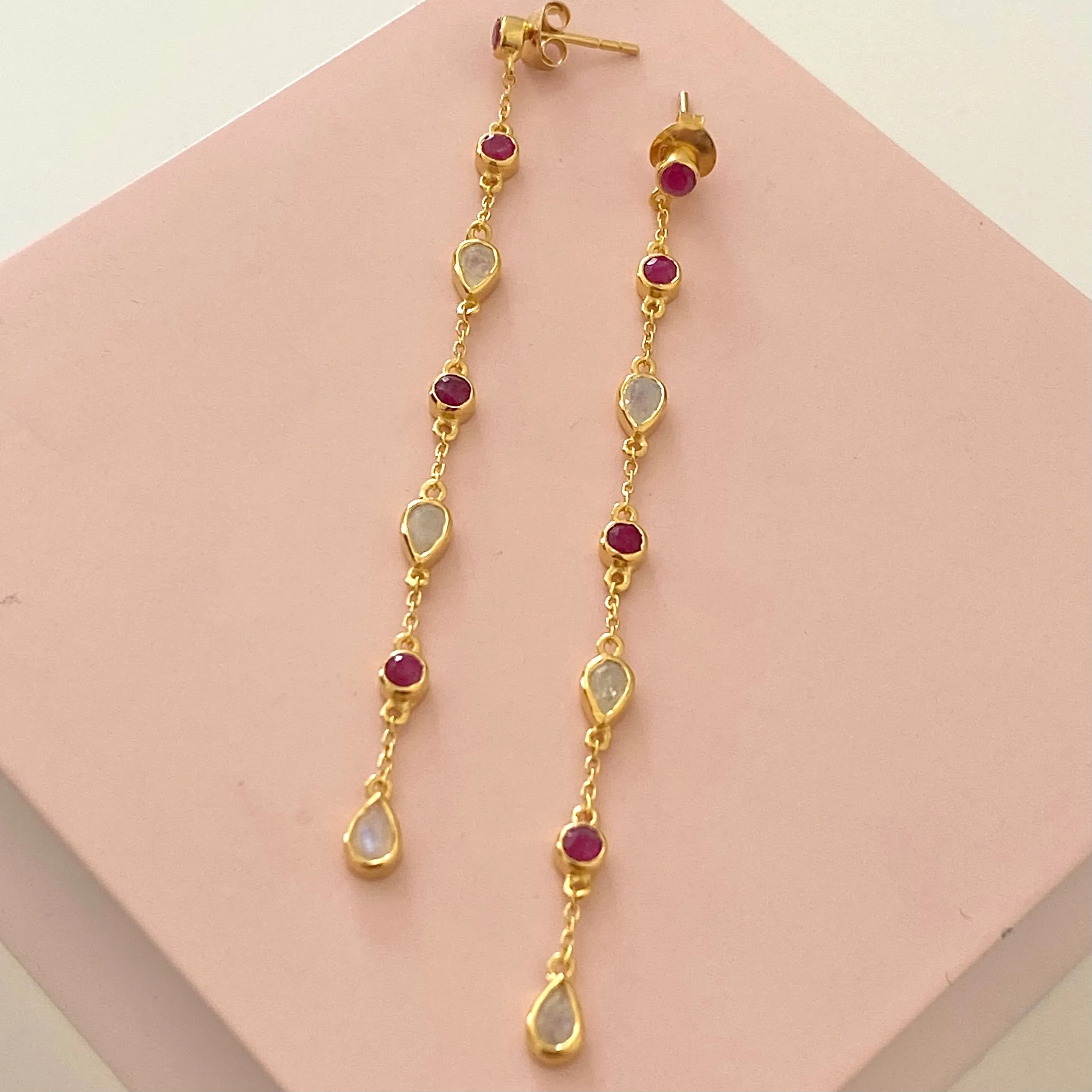 Long fine earrings with small round and teardrop gemstones - Ruby Quartz and Moonstone