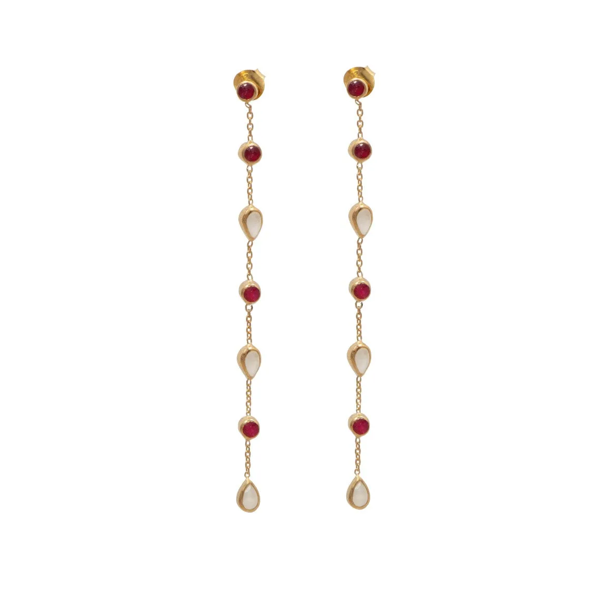Long fine earrings with small round and teardrop gemstones - Ruby Quartz and Moonstone