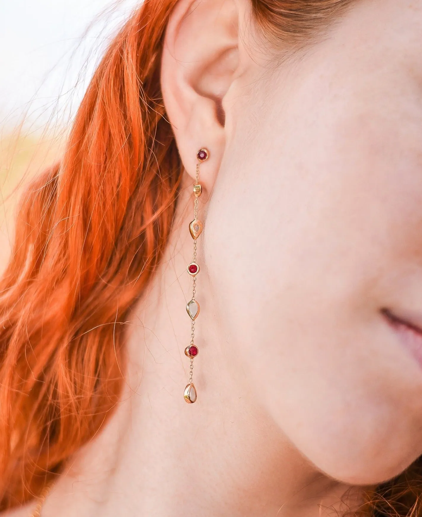 Long fine earrings with small round and teardrop gemstones - Ruby Quartz and Moonstone