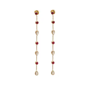 Long fine earrings with small round and teardrop gemstones - Ruby Quartz and Moonstone