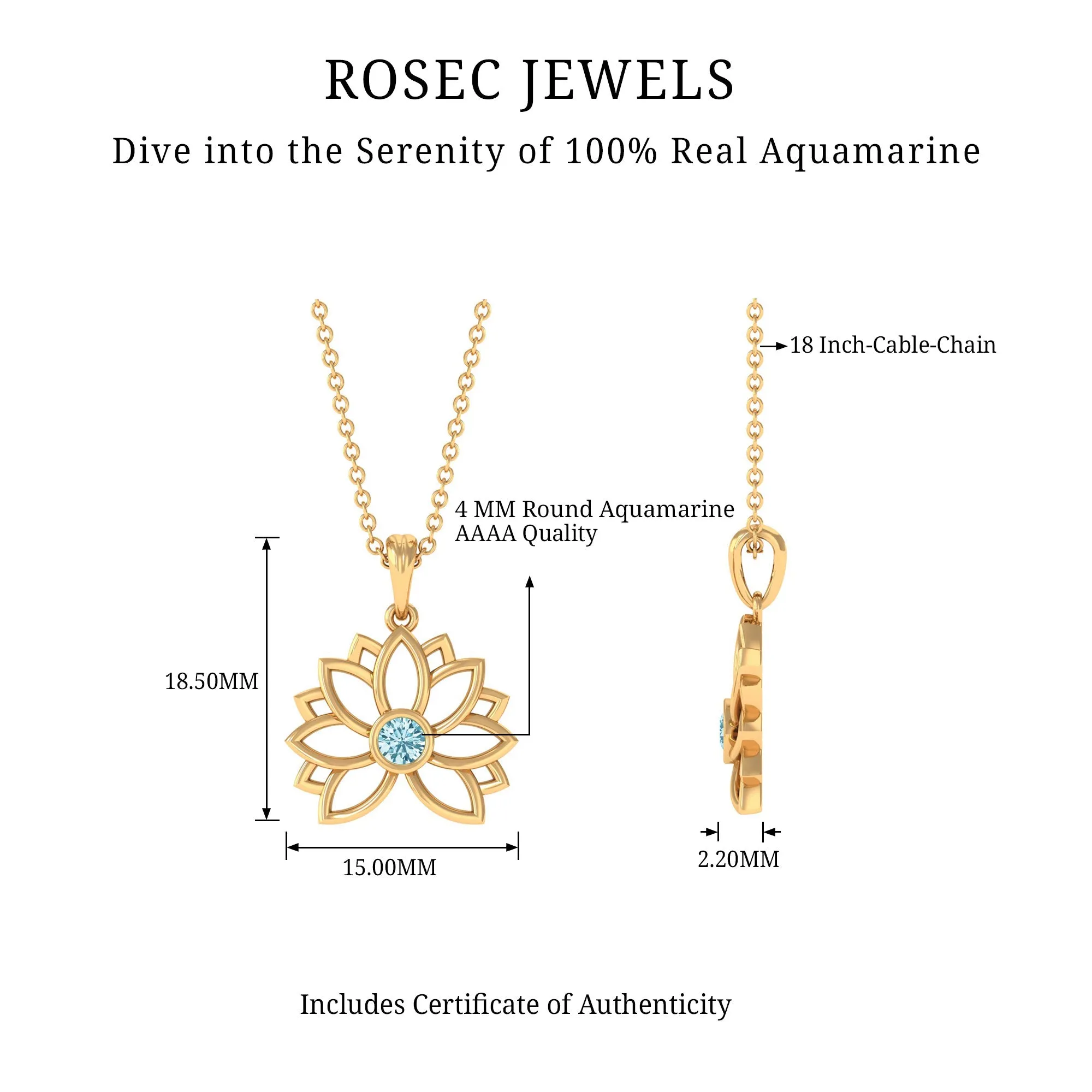 Lotus Flower Pendant with Bezel Set Solitaire Aquamarine