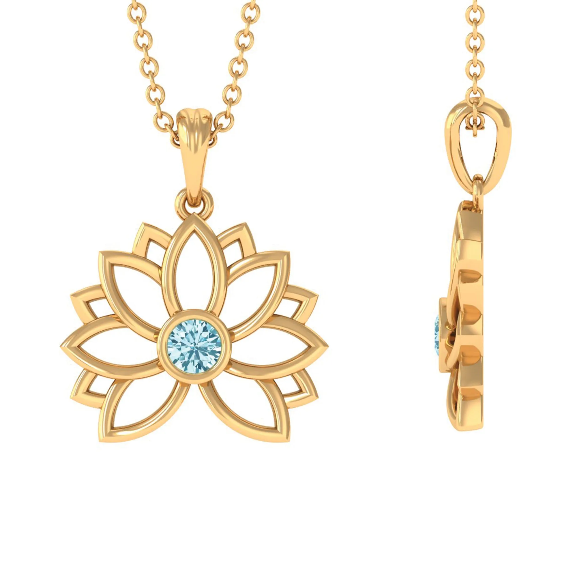Lotus Flower Pendant with Bezel Set Solitaire Aquamarine