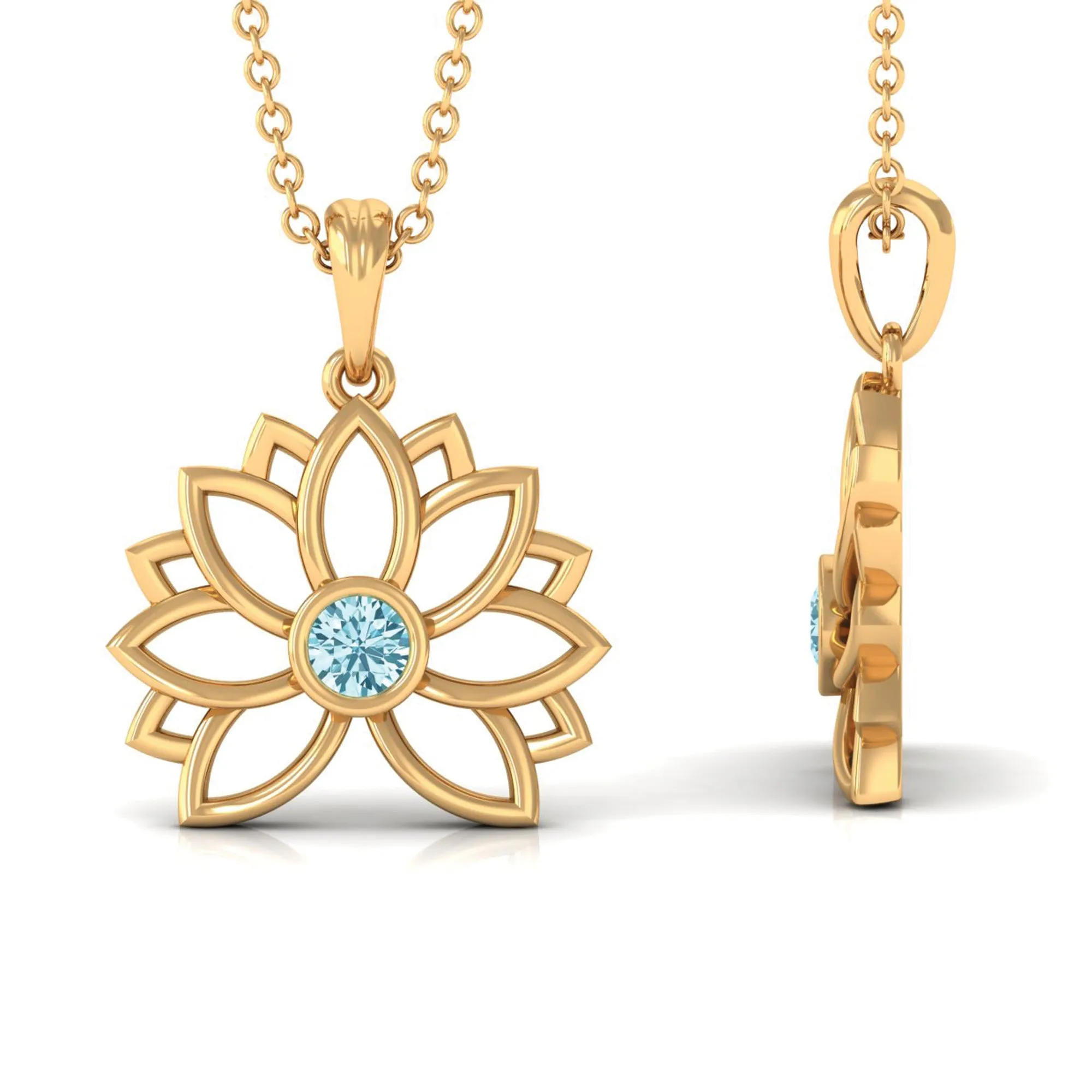 Lotus Flower Pendant with Bezel Set Solitaire Aquamarine