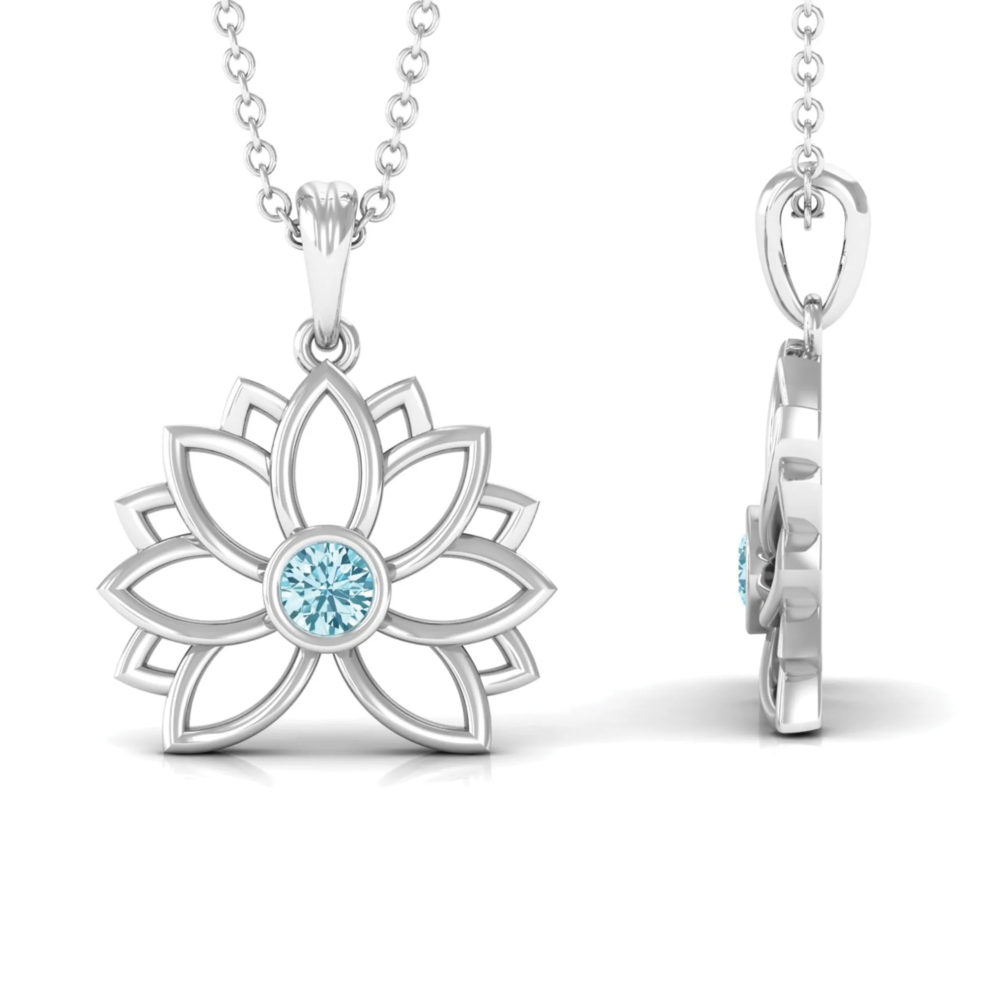 Lotus Flower Pendant with Bezel Set Solitaire Aquamarine