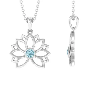 Lotus Flower Pendant with Bezel Set Solitaire Aquamarine