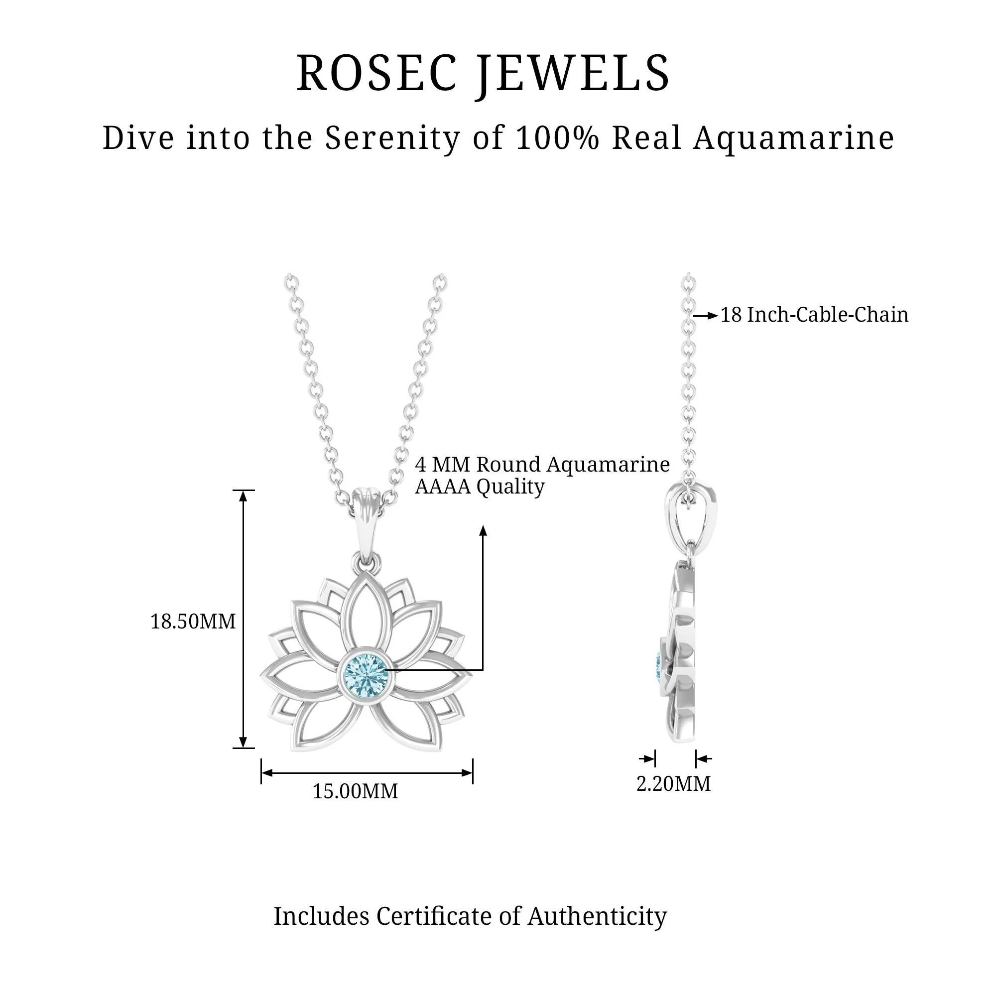 Lotus Flower Pendant with Bezel Set Solitaire Aquamarine