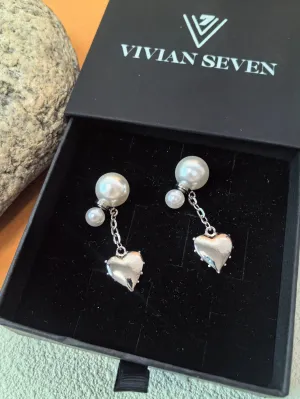 Love Heart Silver Needle Pearl Chain Drop Dangle Earrings
