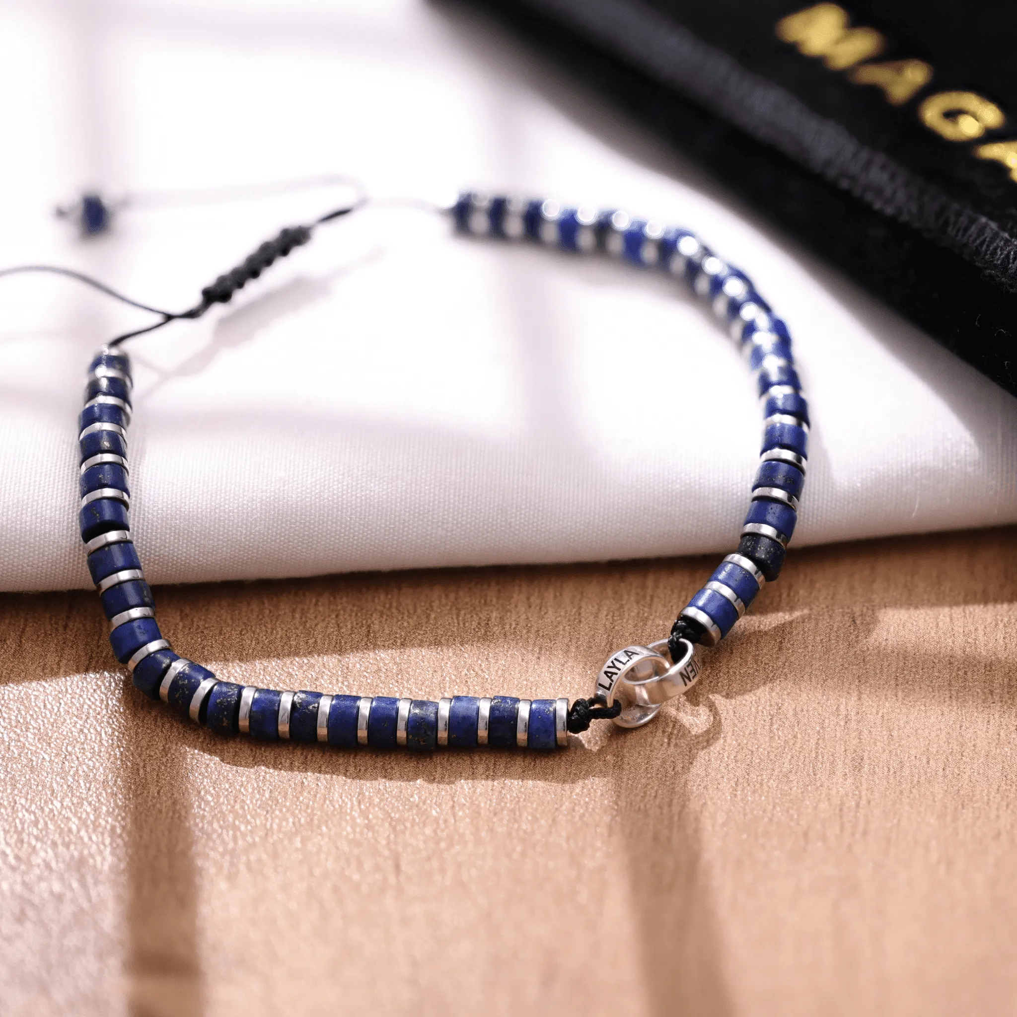 Men's Blue Lapis Disc Bead & Forever Links Bracelet - 14K Yellow Gold