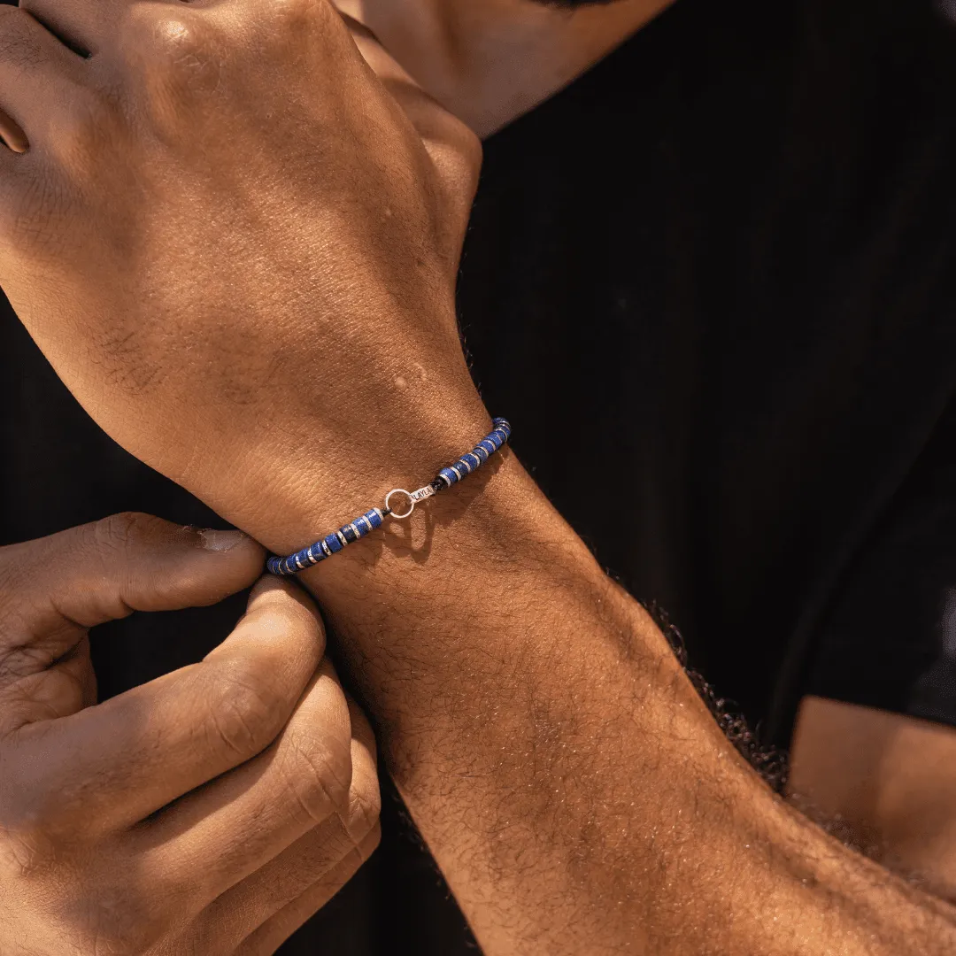 Men's Blue Lapis Disc Bead & Forever Links Bracelet - 14K Yellow Gold