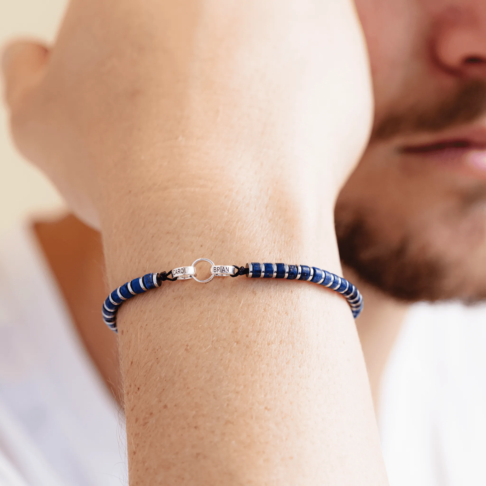 Men's Blue Lapis Disc Bead & Forever Links Bracelet - 14K Yellow Gold