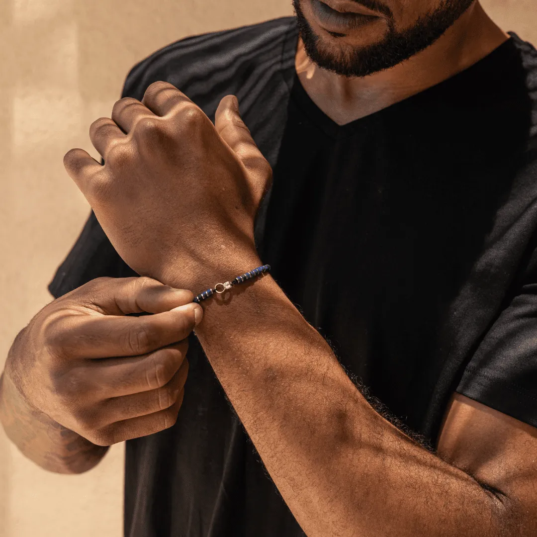 Men's Blue Lapis Disc Bead & Forever Links Bracelet - 14K Yellow Gold