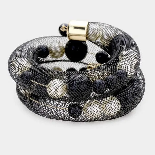 Mesh Tube Cream & Black Pearl Adjustable Bracelet