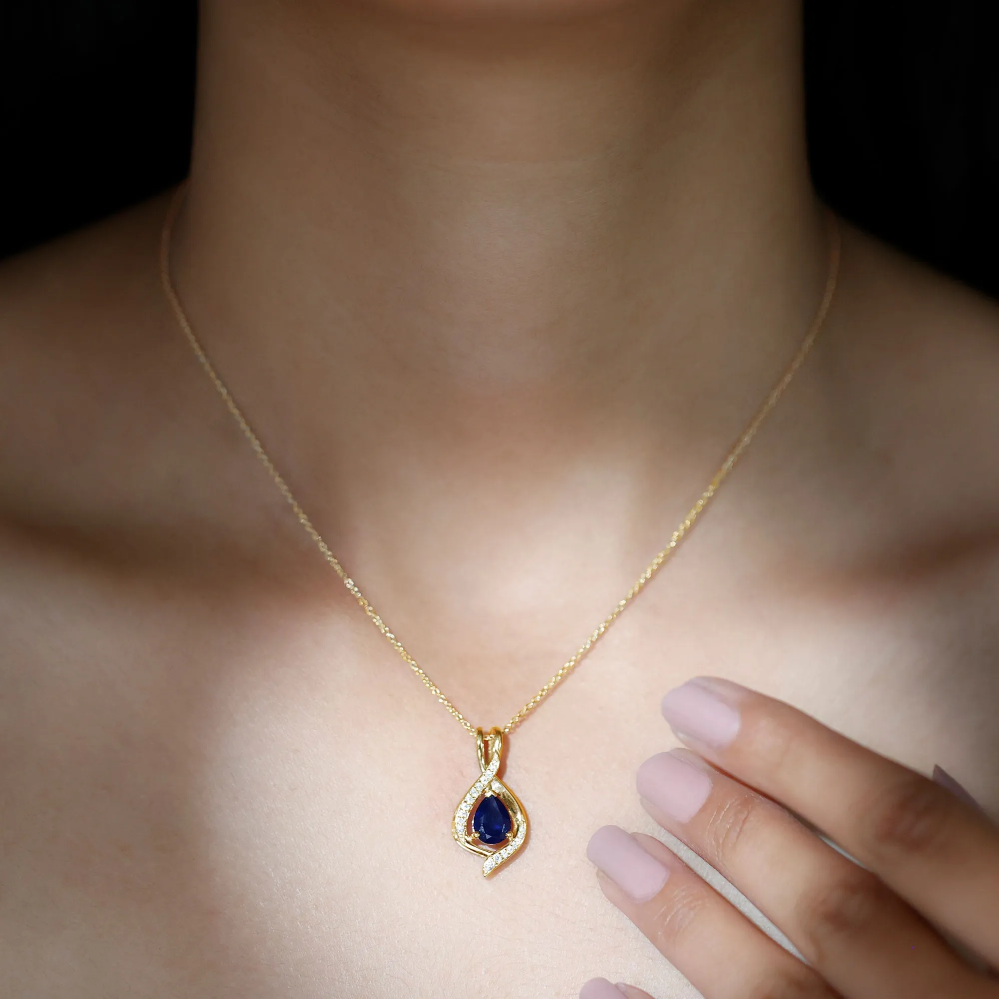 Minimal Created Blue Sapphire Teardrop Pendant with Moissanite