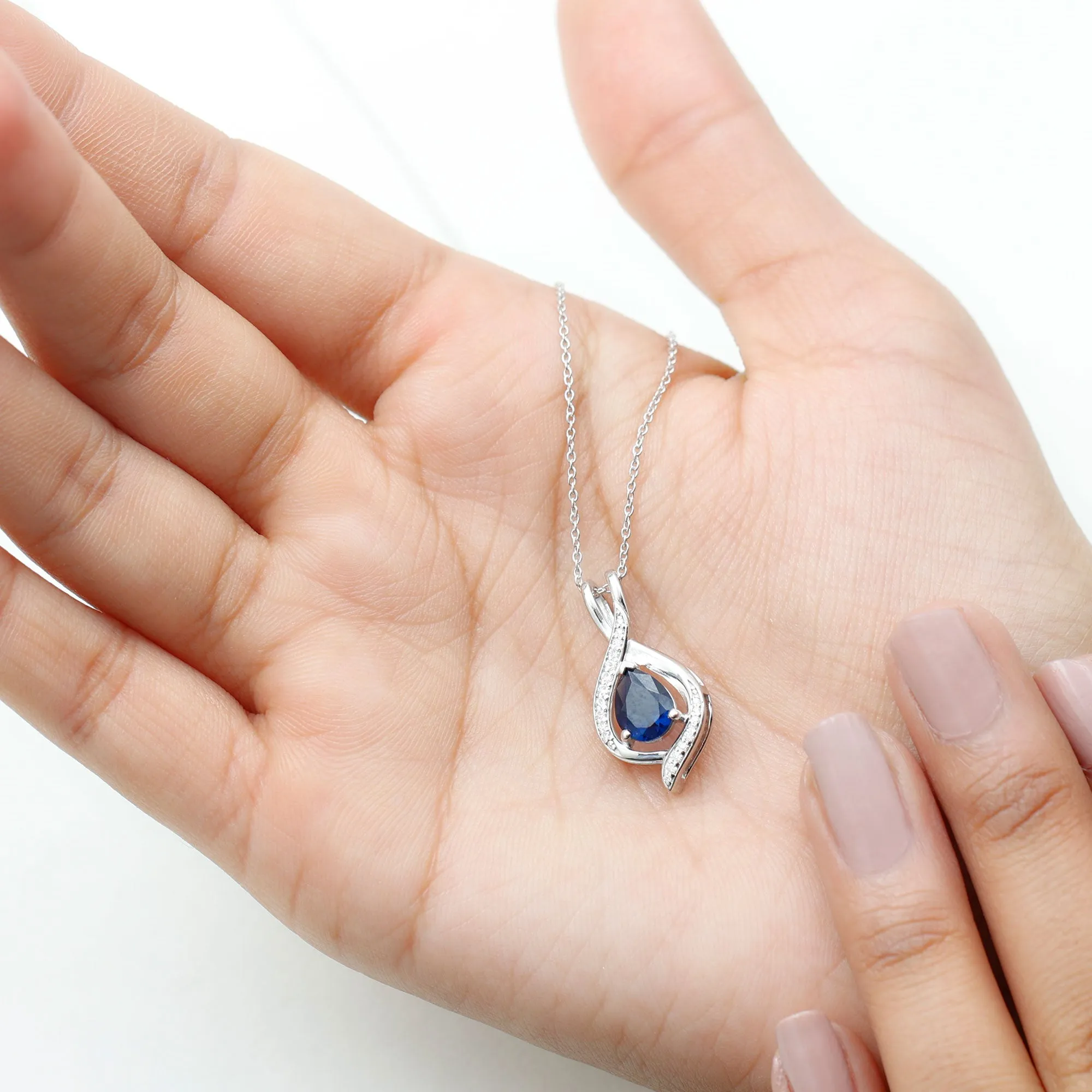 Minimal Created Blue Sapphire Teardrop Pendant with Moissanite