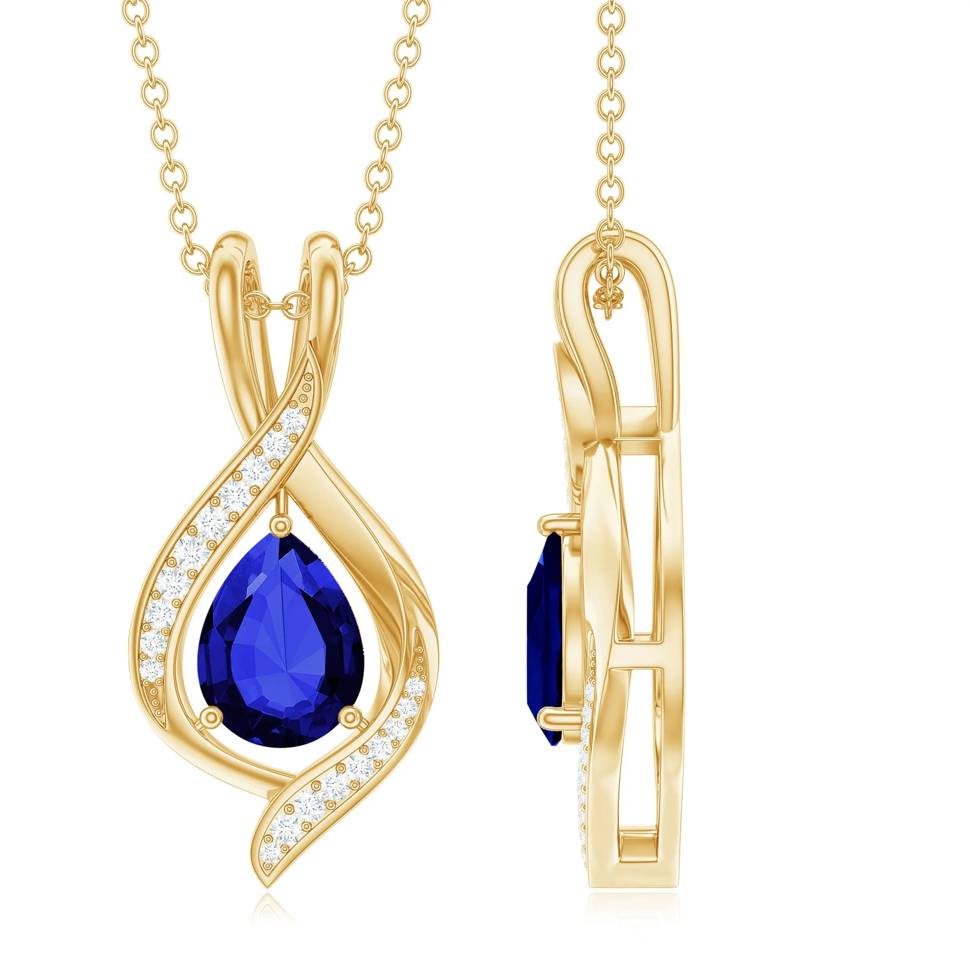 Minimal Created Blue Sapphire Teardrop Pendant with Moissanite