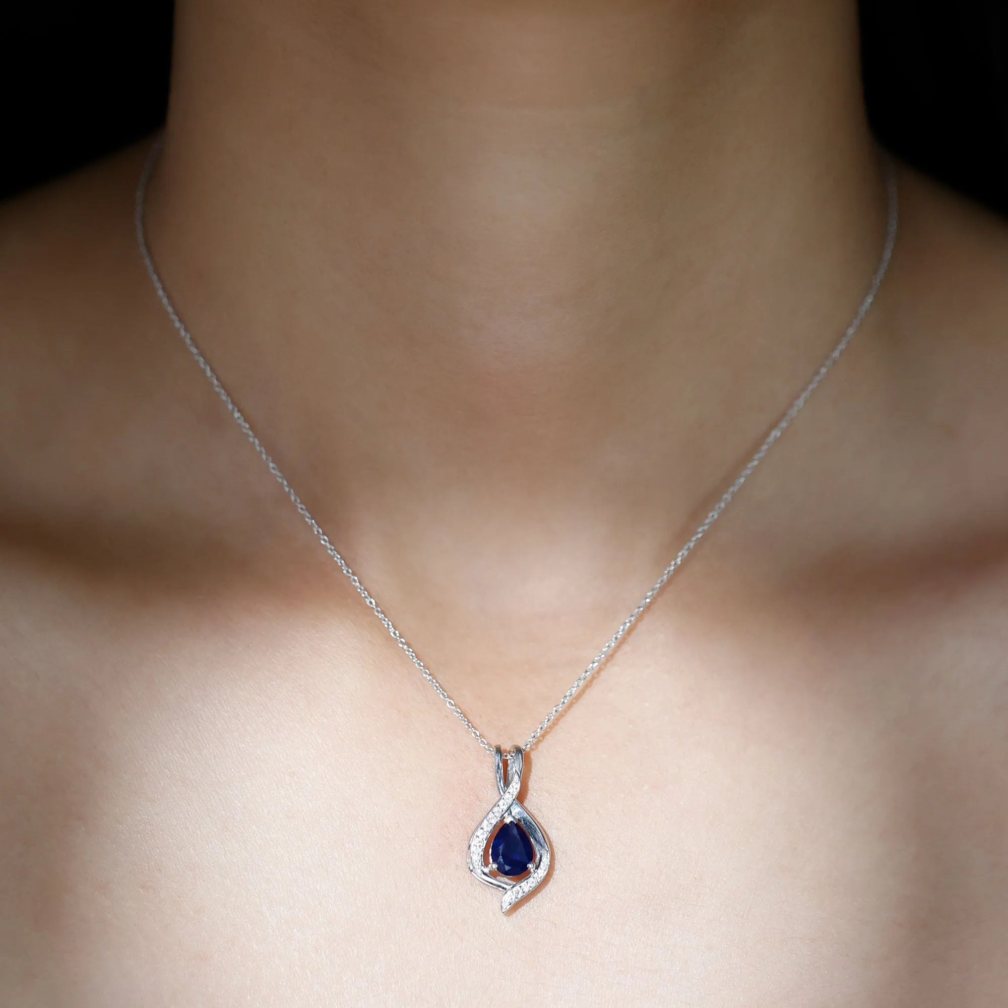 Minimal Created Blue Sapphire Teardrop Pendant with Moissanite