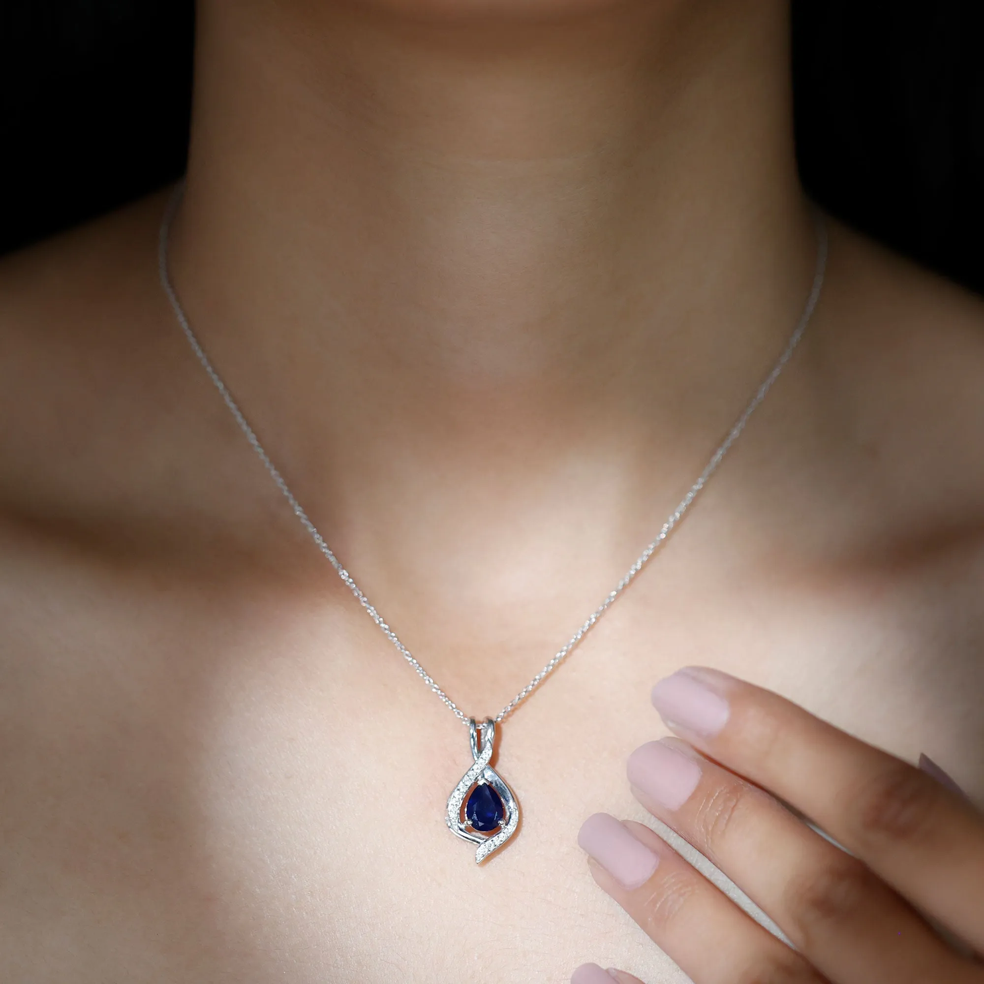 Minimal Created Blue Sapphire Teardrop Pendant with Moissanite
