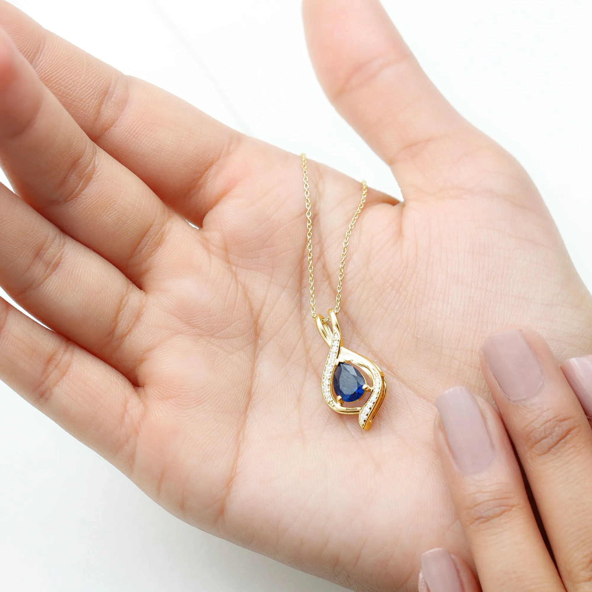 Minimal Created Blue Sapphire Teardrop Pendant with Moissanite