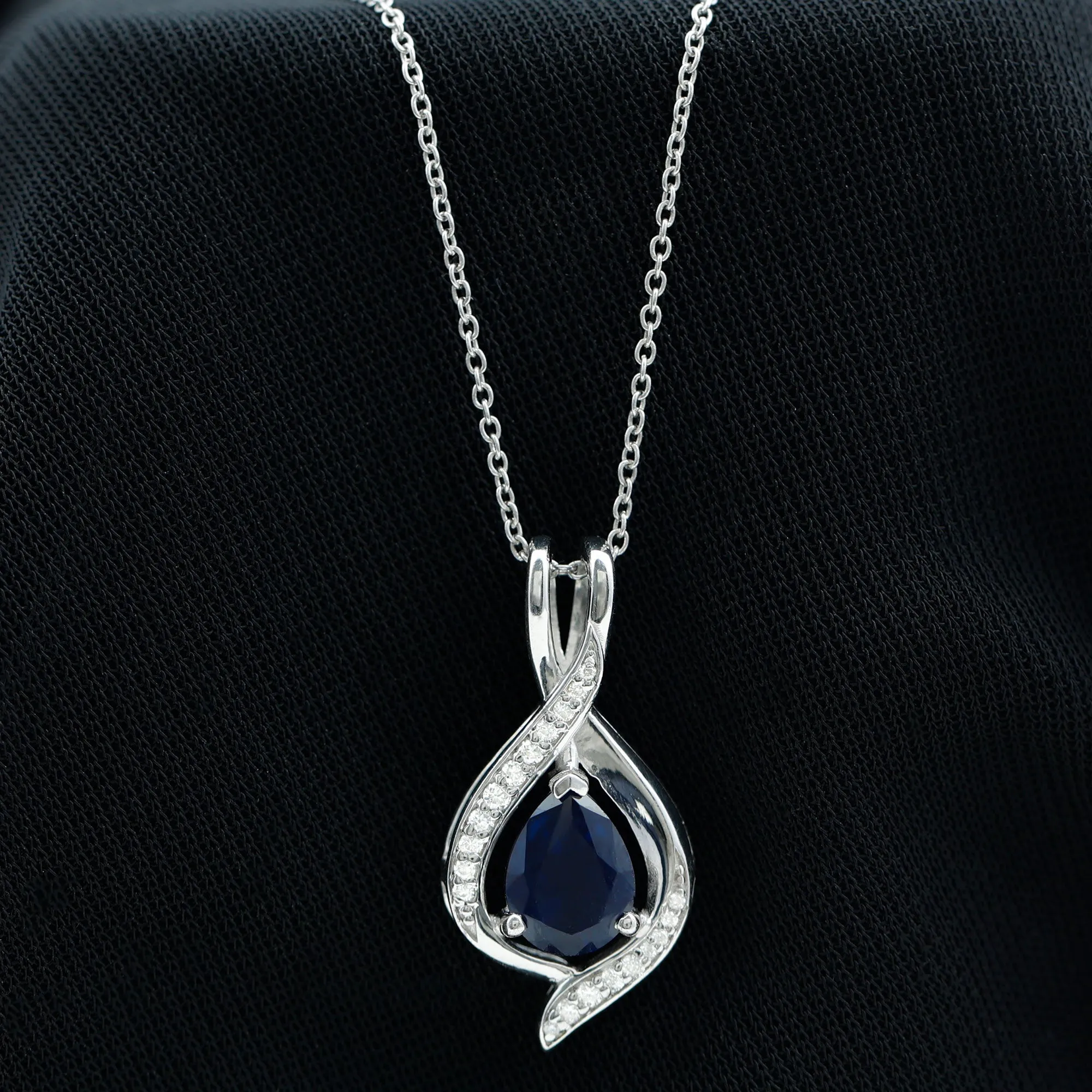 Minimal Created Blue Sapphire Teardrop Pendant with Moissanite