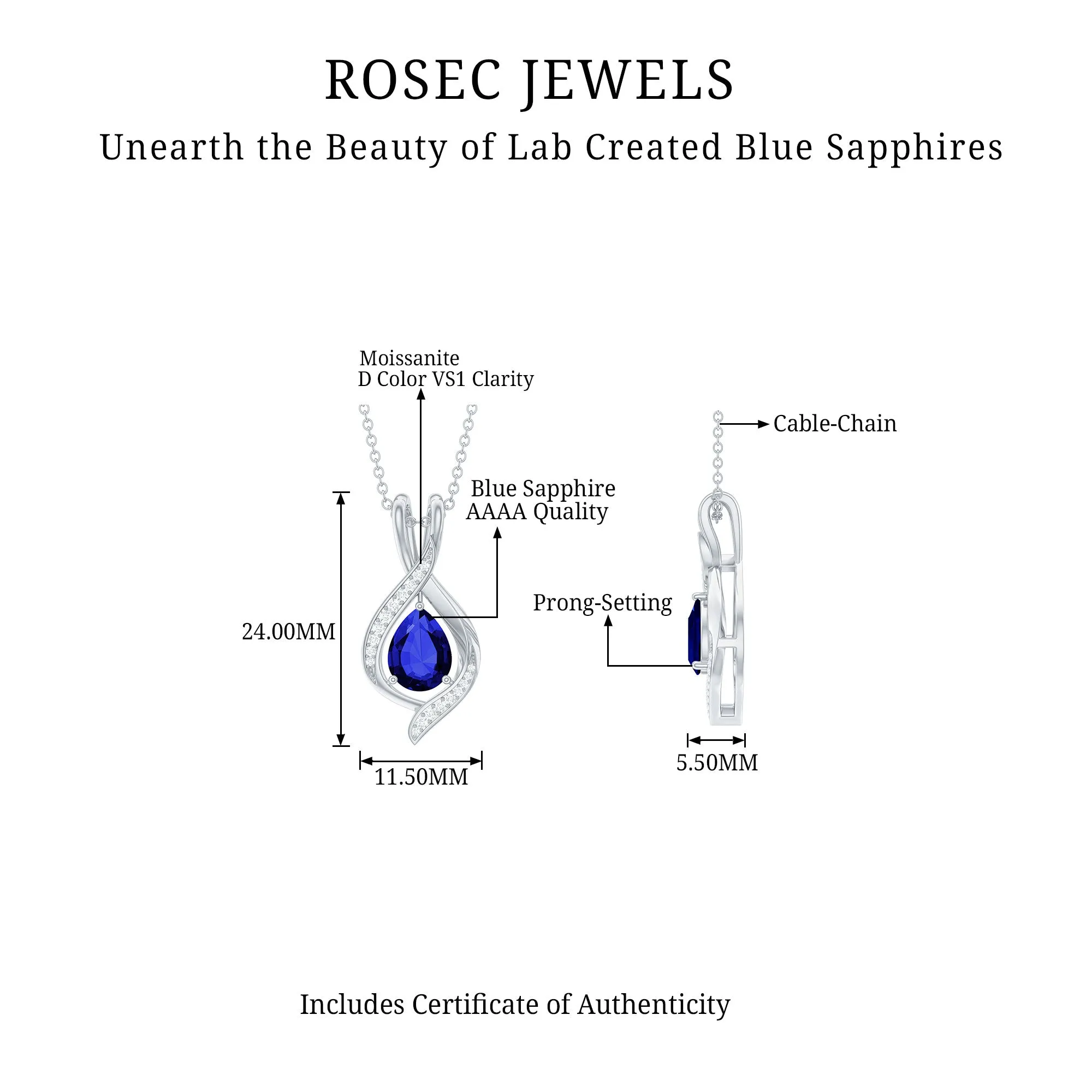 Minimal Created Blue Sapphire Teardrop Pendant with Moissanite