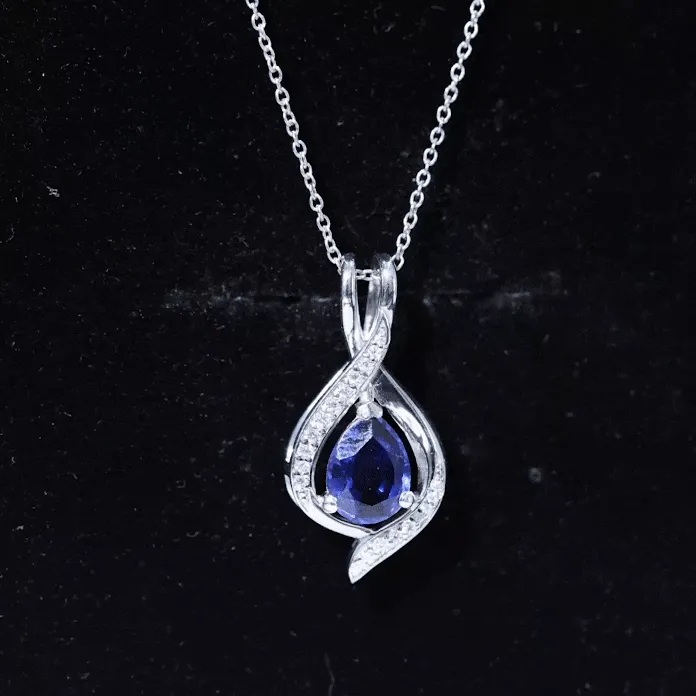 Minimal Created Blue Sapphire Teardrop Pendant with Moissanite