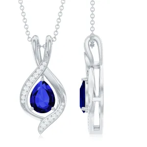 Minimal Created Blue Sapphire Teardrop Pendant with Moissanite