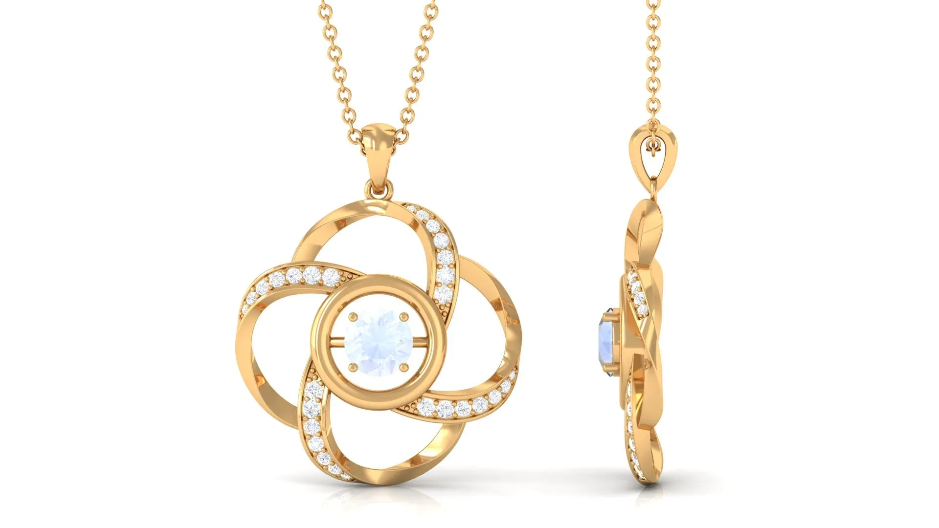 Modern Flower Pendant with Round Moonstone and Diamond