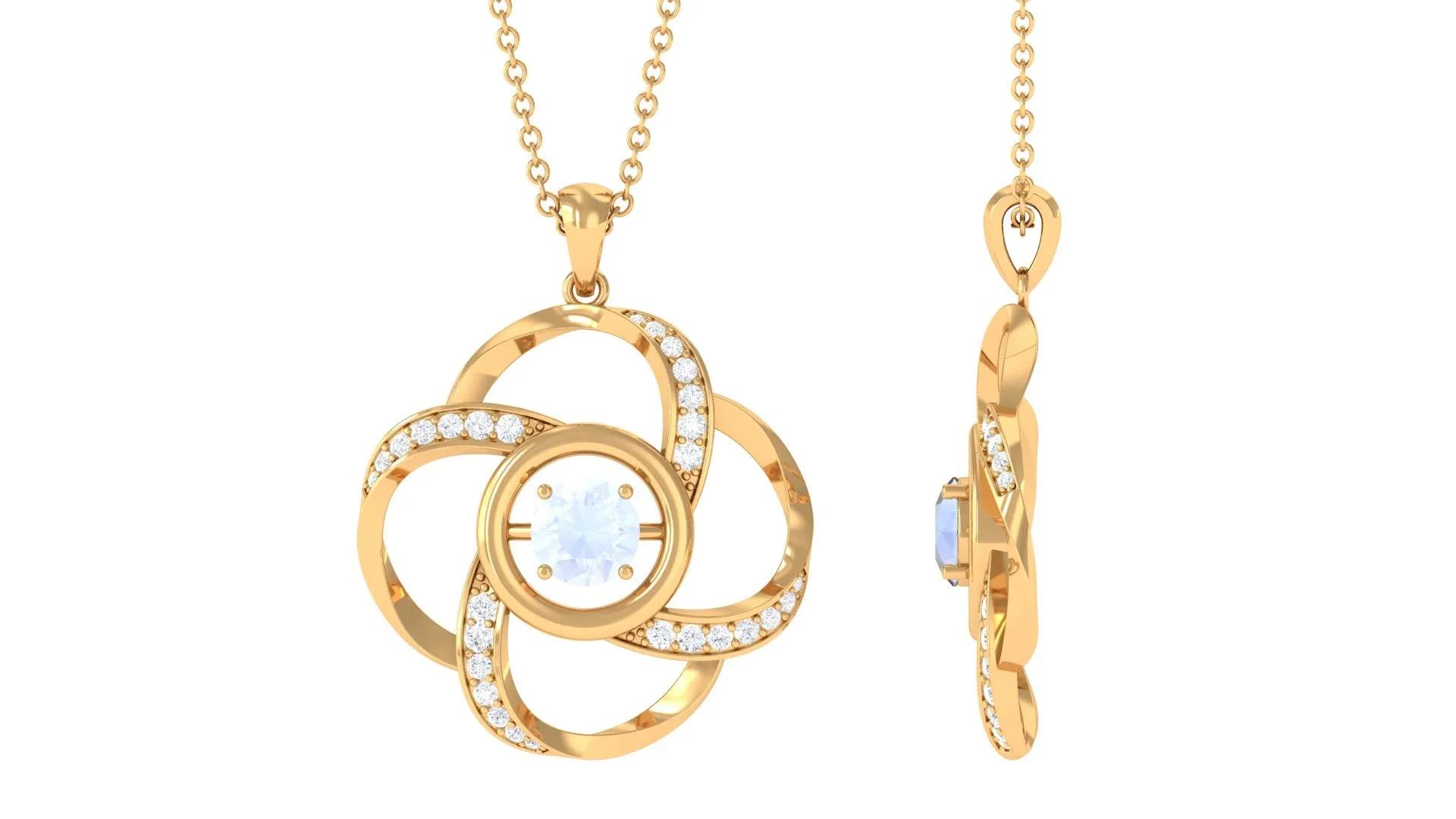 Modern Flower Pendant with Round Moonstone and Diamond