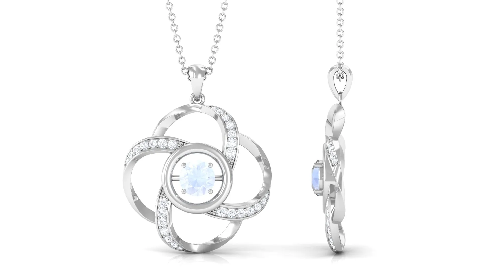 Modern Flower Pendant with Round Moonstone and Diamond