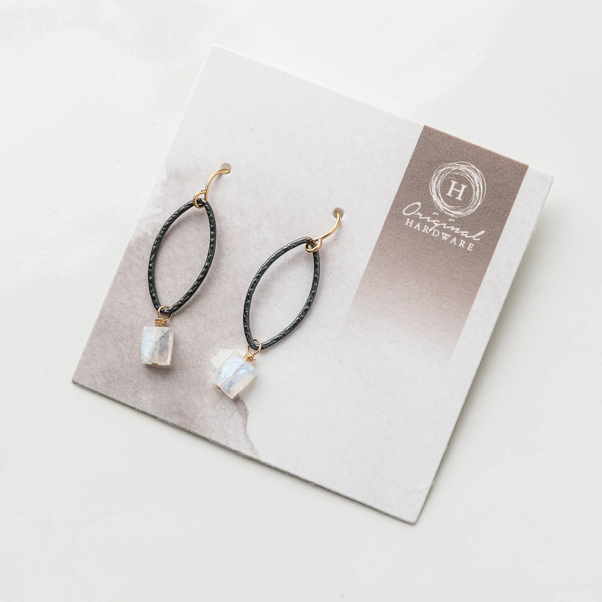 Moonstone Ice Cube and Black Petal Earrings