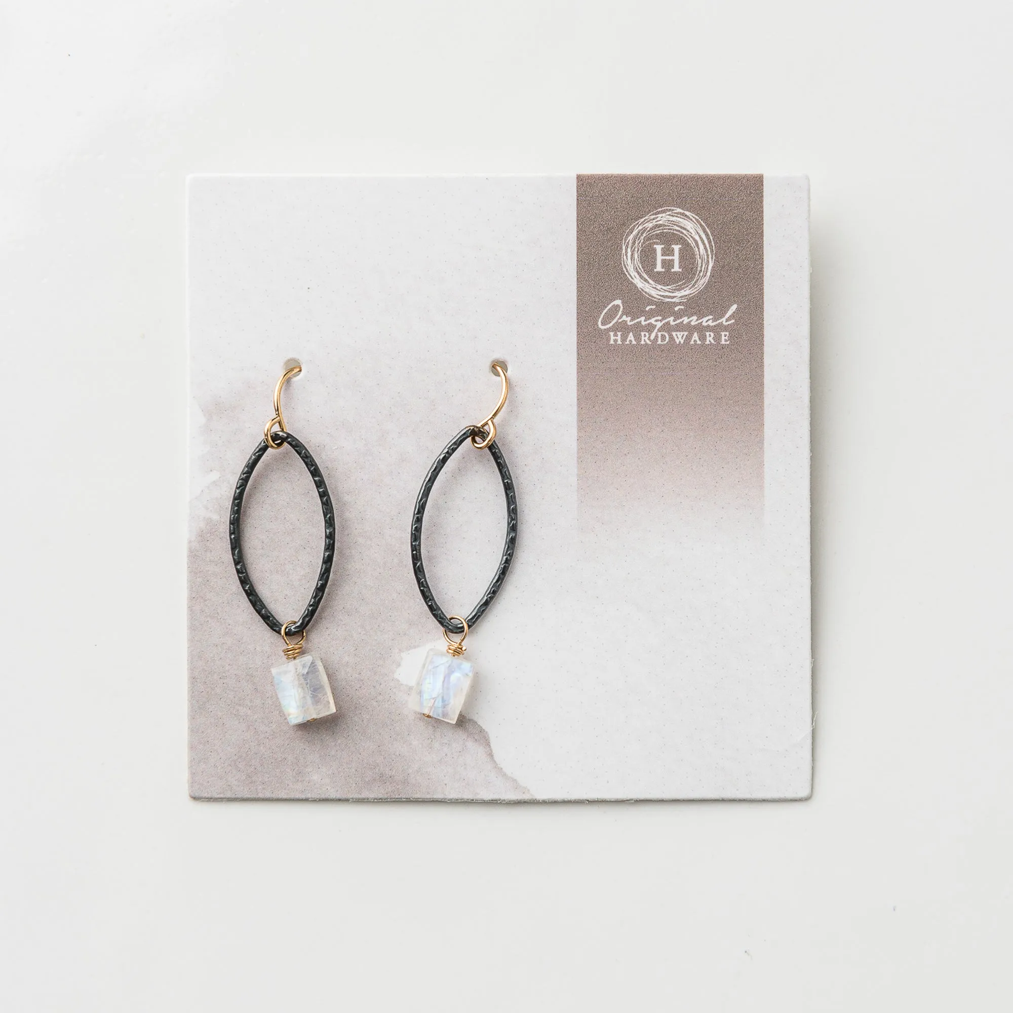 Moonstone Ice Cube and Black Petal Earrings