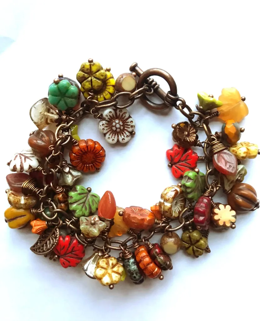 MTO- Autumn leaves. Mixed gemstone, Czech glass, bronze metal, charm bracelet.