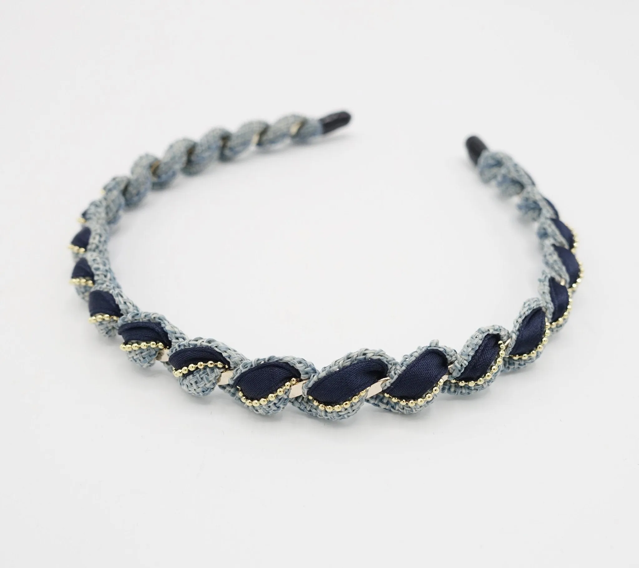 multi fabric  spiral wrap headband golden chain embellished hairband women hair accessory