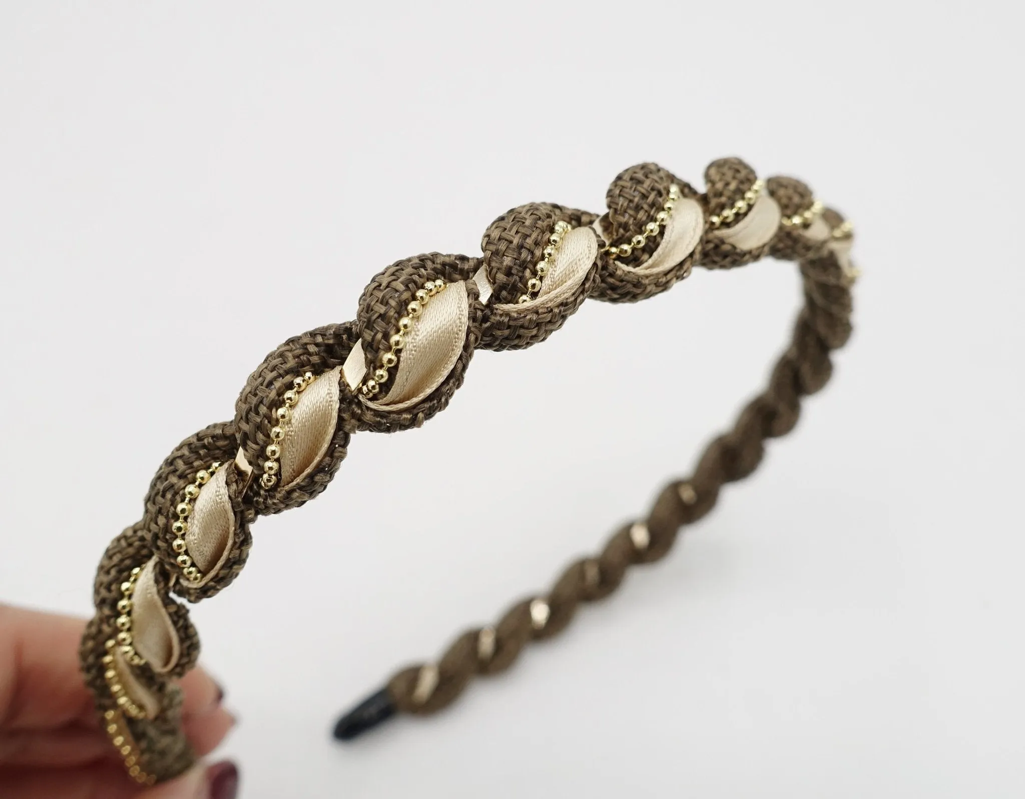 multi fabric  spiral wrap headband golden chain embellished hairband women hair accessory