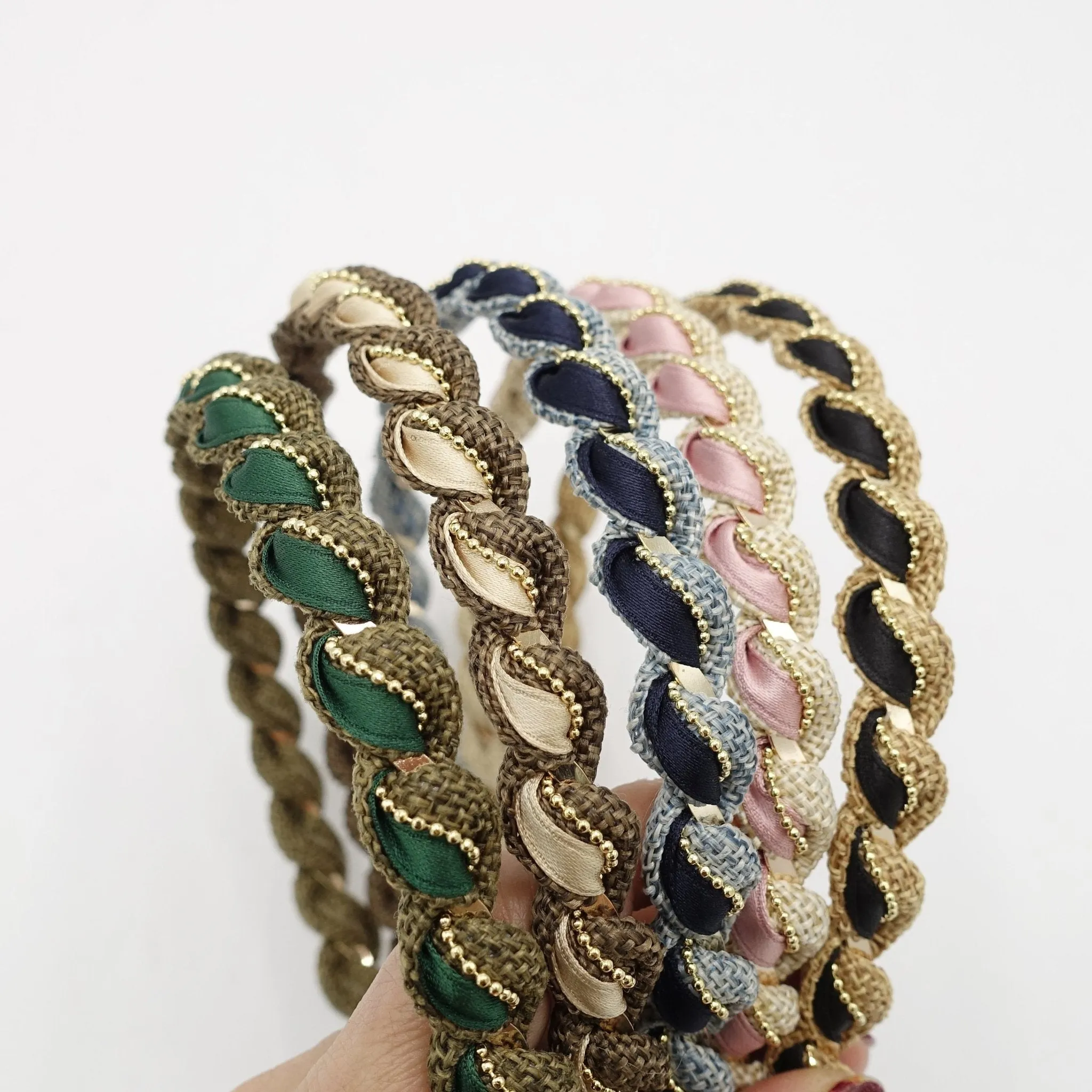 multi fabric  spiral wrap headband golden chain embellished hairband women hair accessory