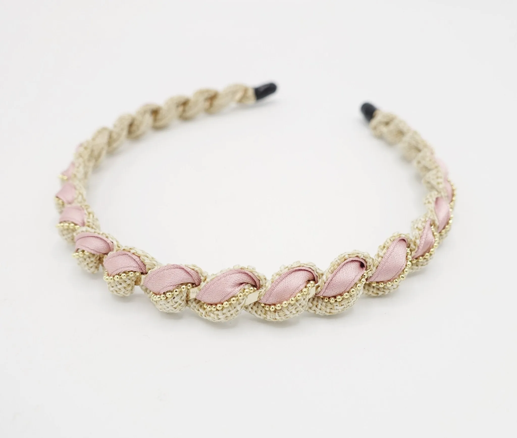 multi fabric  spiral wrap headband golden chain embellished hairband women hair accessory