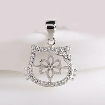 Necklace Pendant Setting Blank 7.5mm 1pc 1.4g 925 Sterling Silver Cat Shape Base for 1 Pearl Bead CZ Semi Mount Wholesale Available