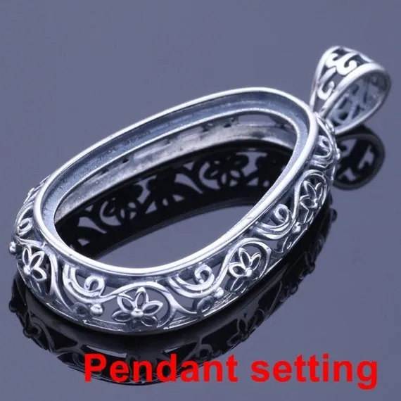 Necklace Pendant Setting Blank Bezel 19.5x34.5mm 1pc 8.2g 925 Sterling Silver for 1 Drop Shape Cabochon Cameo No Prongs Wholesale Available